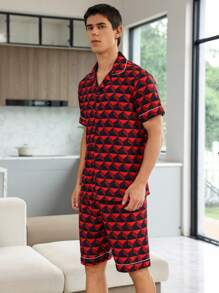 Men Allover Print Short Sleeve Top & Shorts PJ Set / Pajama Set - Multicolor - View 4