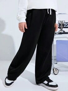 SHEIN Kids' & Tween Boys' Extended Size Loose Fit Straight Leg Knitted Pants, Casual With Patchwork - Black - View 4