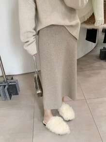 Alicedudu Simple Style A-Line Skirt That Flatters Your Figure - Khaki - View 3