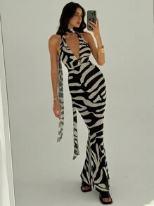 Aloruh Elegant And A Little Bit Sexy Deep V-Neck Backless Halterneck Mesh And Zebra Pattern Print Slimming Mermaid Long Dress - Black - View 8
