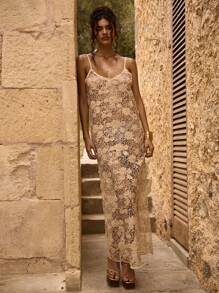 MUSERA Glitter Crochet Maxi Dress Elegant Spring Summer Vacation Party Fall Night Out Holiday - Coffee - View 1