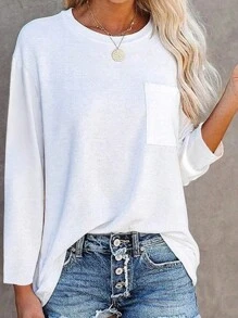 SHEIN LUNE Solid Pocket Patched Drop Shoulder Tee Fall Cloth For Women - White - View 1
