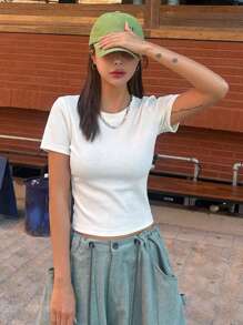 DAZY 夏季純色圓領肋紋針織T恤 - 白色 - 查看 4