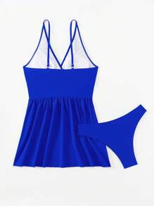 SHEIN Swim Women's Summer Beach Solid Color V-Neck Vest And Triangle Tankini Vacation Swimwear Set - Royal Blue - View 5