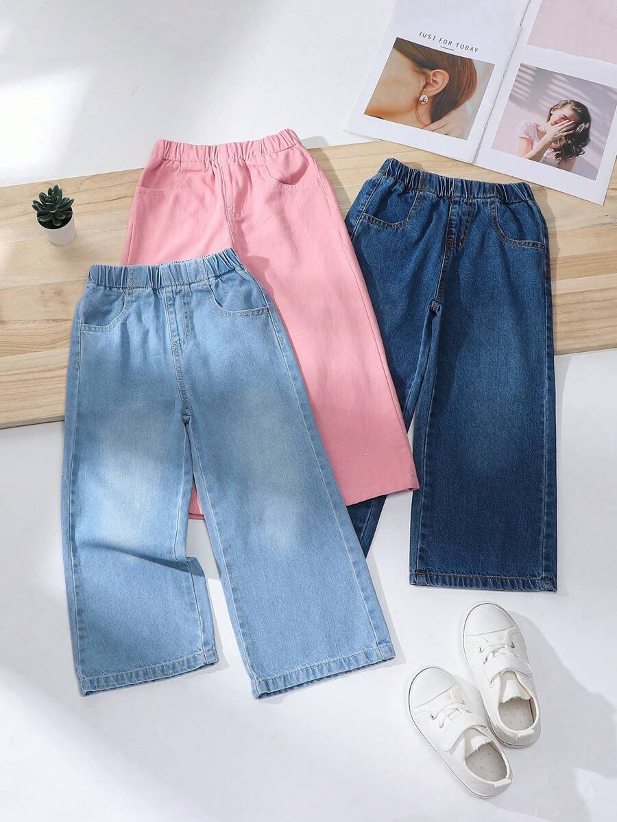 SHEIN Conjunto informal de 3 piezas de ajuste holgado para niña joven, con pantalones vaqueros de pierna ancha de cintura elástica cómodos y casuales - Multicolor - Ver 1