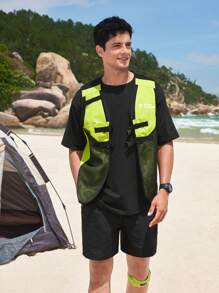 In My Nature Men Colorblock Letter Graphic Buckle Decor Outdoor Vest Jacket - Black - View 9