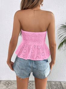 SHEIN VCAY Eyelet Embroidery Ruffle Hem Tube Top - Pink - View 2