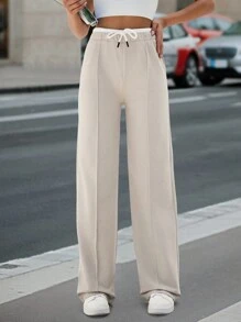 EURMUSE Drawstring Waist Straight Leg Pants - Beige - View 4