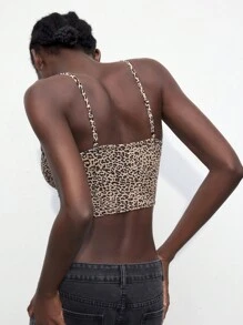 Maija 女士时尚豹纹拼布短款吊带背心，夏季 - 棕色 - 查看 4
