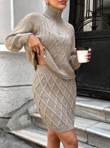 EURMUSE Elegant Cable Knit Sweater With Zipper & Cable Knit Mini Sweater Skirt 2 Piece Set