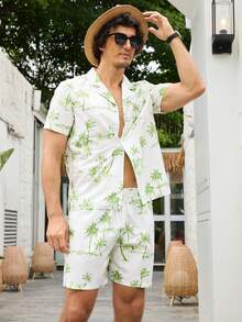 Manfinity Áo Sơ Mi & Quần Short Cổ In Họa Tiết Nhiệt Đới Cho Nam Đi Biển Mùa Hè - màu xanh lá - Xem 6