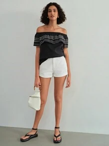 MOTF STUDIO EMBROIDERY RUFFLE TRIM OFF SHOULDER BLOUSE
