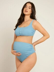SHEIN Conjunto de bikini de dos piezas con parte superior de tirantes de unicolor con cierre frontal de botones y Bottom de bikini triangular fruncida para maternidad de verano en la playa - Celeste - Ver 4