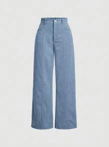 SHEIN PETITE Autumn And Winter Wear Women's Solid Color Straight Corduroy Pants - Blue - View 3