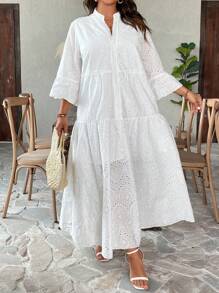 Breezaya Plus Size Vakantie Casual Effen Kleur Uitgehold Borduurwerk Ingekeepte Hals Bell Mouw Jurk Maxi Dames Outfit