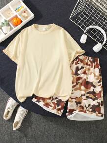 SHEIN 2 chiếc Áo thun thể thao tuổi teen phong cách đường phố giản dị cổ tròn tay ngắn có in chữ & bóng rổ và quần short dệt ngụy trang Bộ trang phục - Nhiều màu - Xem 2