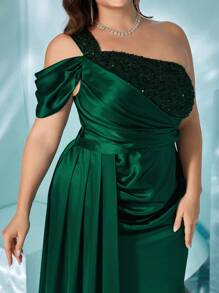 Plus Size Asymmetrical Neck Sequined Ruched Floor-Length Satin Evening Dress, Elegant Prom Semi Formal Wedding Guest Dress, For Birthday, Graduation, Homecoming Party Dress - Màu xanh lá cây đậm - Xem 5
