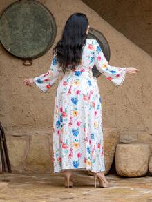 Women's Floral Print V-Neck Flare Sleeve Waist Cinched Elegant Arabian Style Dress - White - View 2