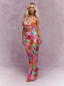 MISSGUIDED Printed Twist Front Cut-Out Cami Maxi Dress Cute Sundress - Watermelon Pink - View 1