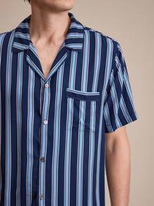 EverLounge Men Striped Print Shirt & Shorts PJ Set / Pajama Set - Blue - View 5