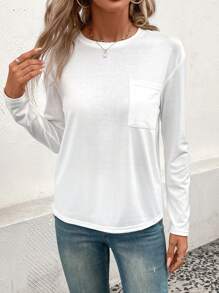 SHEIN LUNE Solid Pocket Patched Drop Shoulder Tee Fall Cloth For Women - White - View 3