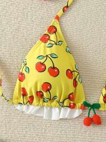SHEIN Swim Cherry Printed Halter Bikini Top With Ruffled Edges, Neck Hanging Design (Random Print), Perfect For Vacation Summer - Yellow - View 4
