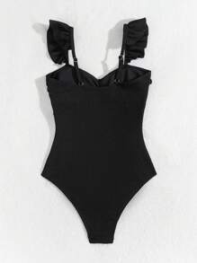 SHEIN Swim Traje de baño completo negro con ribete de volantes y pliegues, traje de baño de una pieza para el verano - Negro - Ver 8