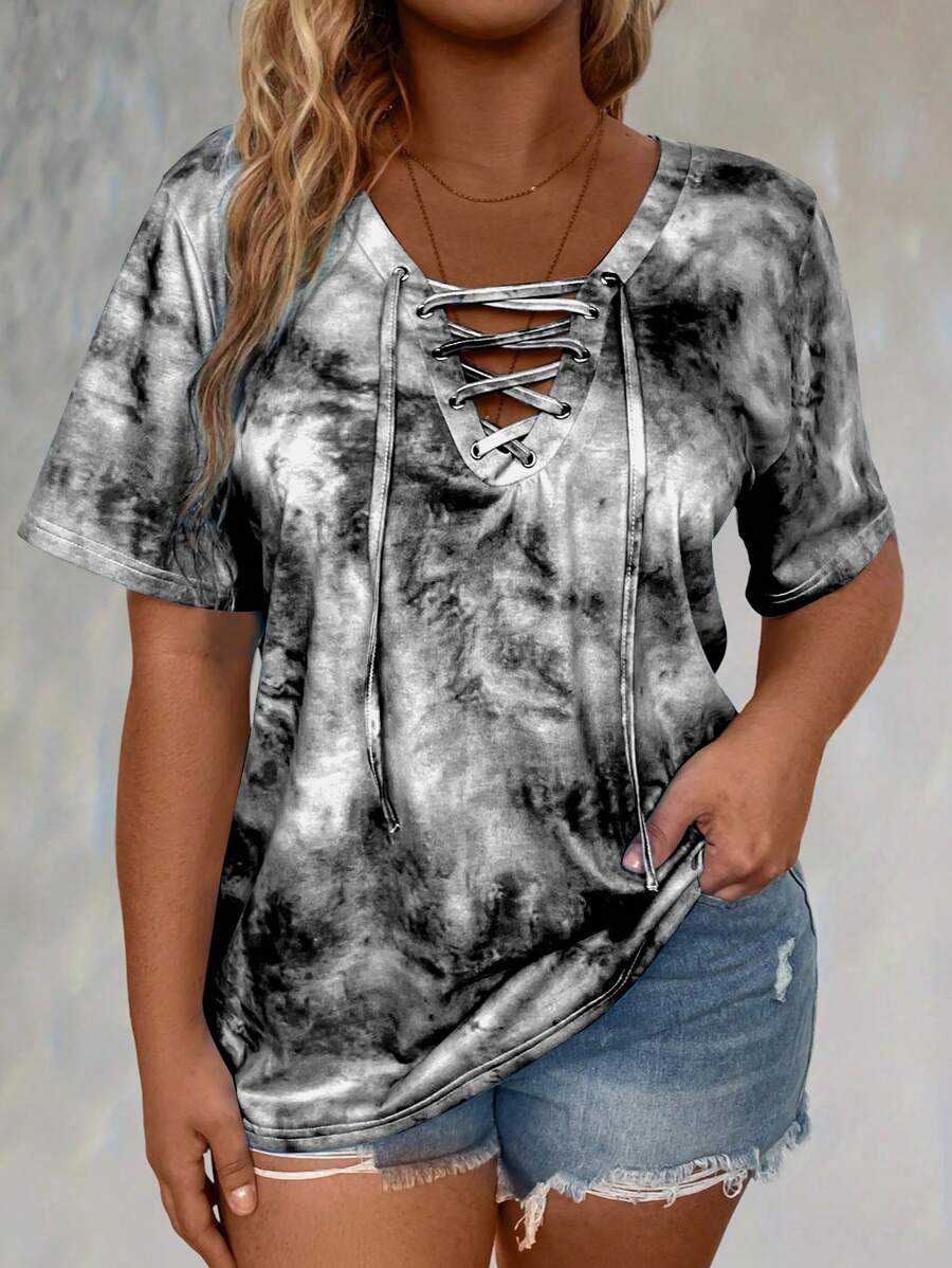 Plus Tie Dye Lace Up Front Tee Women Graphic Tee Top For Summer - Multicolor - View 1