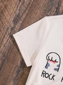 年轻女孩可爱有趣的猫爪字母印花休闲舒适短袖圆领 T 恤日常穿着，夏季 - 杏色 - 查看 6