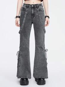 ROMWE Grunge Punk Punk Metal Rivet Jarretel Jeans Met Kruisversiering, Leuke Strik, Schedelborduurwerk En Bell-Bottom Design Voor Vrouwen, School