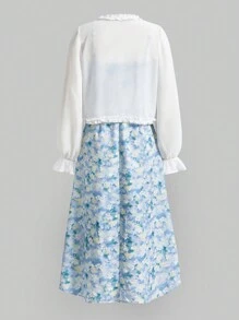 Seusyu Ladies' Solid Color Sheer Outerwear And Printed Dress, Simple Everyday 2-Piece Set - Blue - View 4