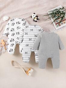 SHEIN 3pcs/Set Toddler Boys' Casual Cute Panda Striped Print Long Sleeve Romper Pajama Set - Multicolor - View 2