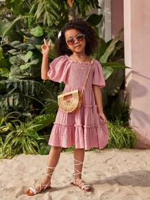 SHEIN Vestido de manga corta y unicolor para niña joven con dobladillo fruncido - Rosa - Ver 3