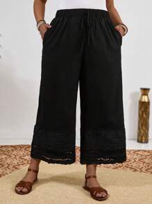 EMERY ROSE Plus Contrast Guipure Lace Tie Front Wide Leg Pants - Black - View 5