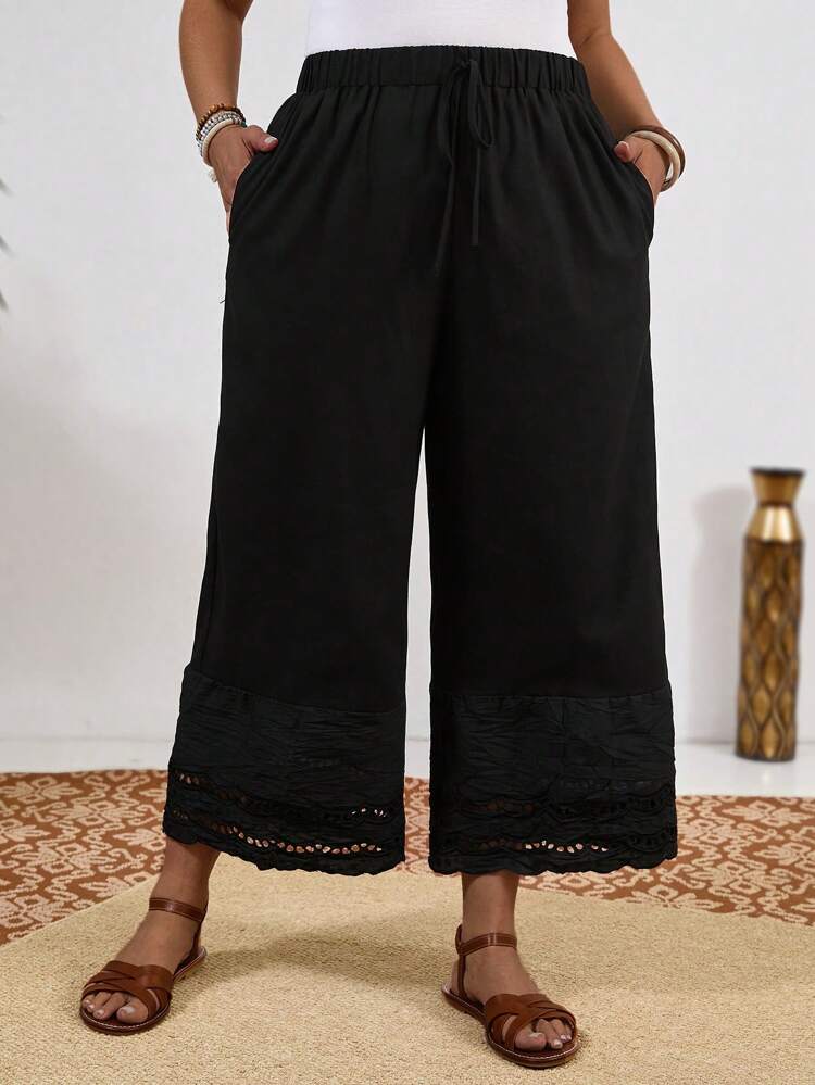 Plus Contrast Guipure Lace Tie Front Wide Leg Pants