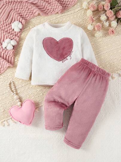 嬰兒女孩簡約絨毛長袖上衣和褲子休閑兩件套家居服套裝