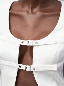 Maija Women's White Back To School U-Neck Button Accent Jacket - White - View 4