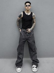 PAVTROS Manfinity Streetrush 男士休闲翻盖口袋侧边黑色工装牛仔裤（无腰带）纯色长款宽松工装牛仔裤，深灰色酸洗工装牛仔裤，送给丈夫、男朋友的礼物，男士宽松牛仔裤款式，男士灰色宽松牛仔裤，男士宽松牛仔裤，适合外出大学街头休闲运动，摇滚风 - 黑色 - 查看 3