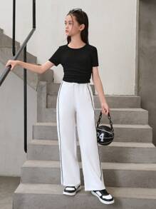 SHEIN Leap Crew Tween Girls' Contrast Piping Drawstring Waist Wide Leg Cargo Pants - White - View 7