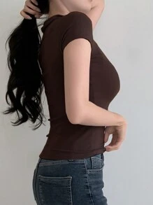 DAZY 女士夏季休闲纯色修身 Polo 领 T 恤基本款上衣，商务休闲女式学院风上衣