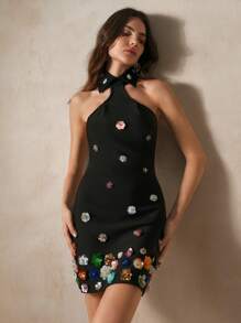 Anewsta Fantasy Garden: Colorful Flowers Black Evening Dress - Black - View 3