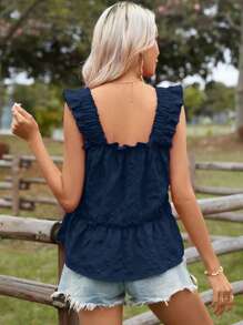 SHEIN VCAY 夏季假期實心荷葉邊細肩帶上衣 - 藏蓝色 - 查看 2