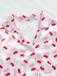 Allover Print Satin Contrast Fluffy Pajama Night Dress