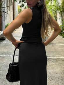 2pcs Women Solid Color Minimalist Sleeveless Top And Skirt Set - Black - View 2