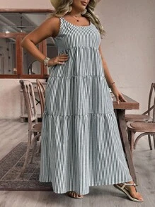 SHEIN VCAY Plus Size Boho Striped Print Ruffle Hem Cami Dress, For Summer,Beach Dress Sundress,Holiday Outfits - Grey - View 6