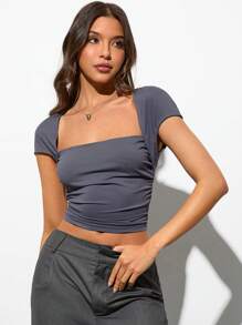 Forever 21 Summer Casual Solid Square Neck Ruched Hem Going Out Tee - Grey - View 1