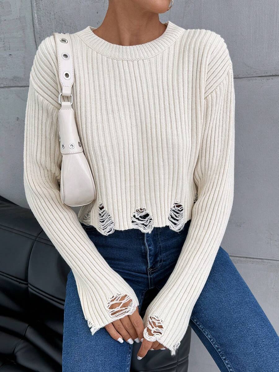 SHEIN Cottnline Women Damage Detailed Casual Soft Touch Sweater - Apricot - View 1