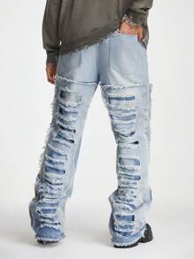 Manfinity Roghcode Men's Light Blue Denim Frayed Patch Streetwear Loose Straight Ripped Jeans, For Husband, Boyfriend Gifts - Light Wash - View 6