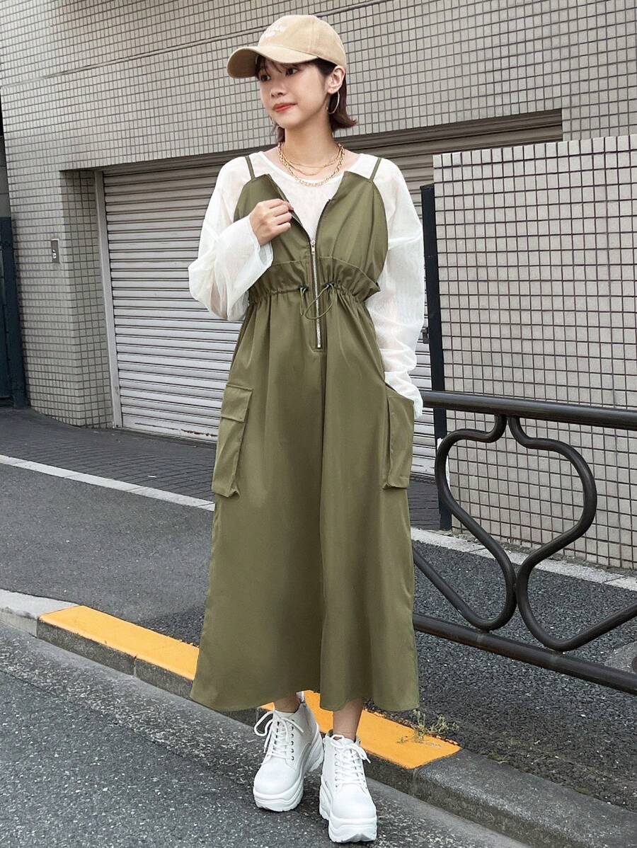 FRIFUL Đầm hai dây eo có túi nắp bên hông không có áo phông cho mùa hè - xanh quân đội - Xem 1