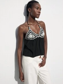 Maija Women's Casual Colorblock Knitted Top With Halter Neck - Black and White - View 6